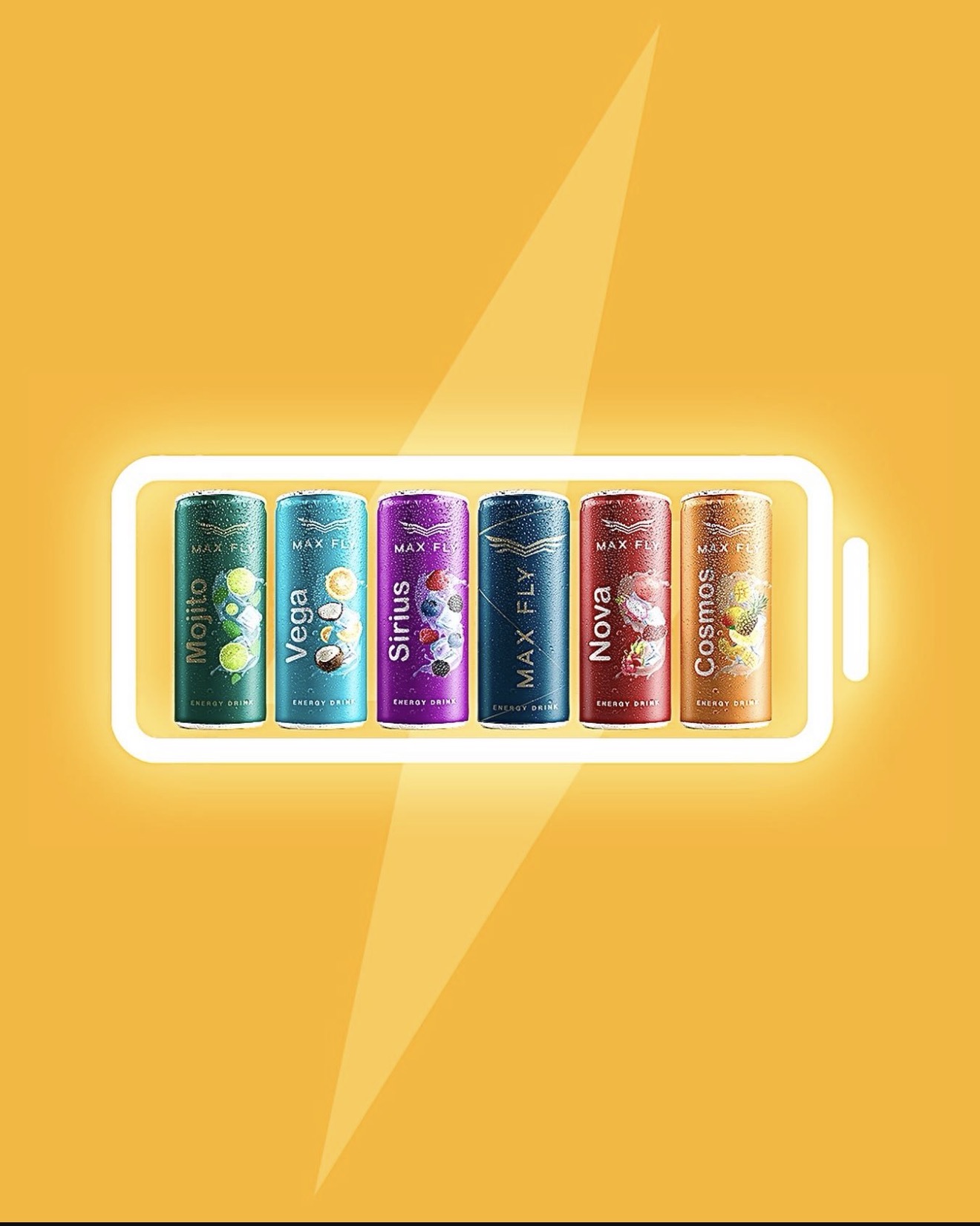 Max Fly Energy lineup — Mojito, Vega, Sirius, Max Fly, Nova, Cosmos